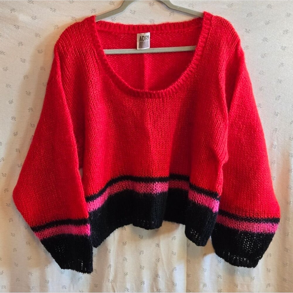 ADRI Women's Vibrant Red Knit Sweater with Black and Pink Accents